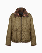 Orfeo Paris Lori Jacket in khaki front view with contrasting checked collar and zip fastening