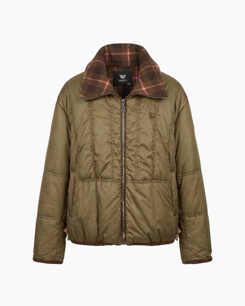 Orfeo Paris Lori Jacket in khaki front view with contrasting checked collar and zip fastening