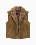 Orfeo Paris Madeline Gilet in camel front view with teddy-style lining, wide collar and front pockets