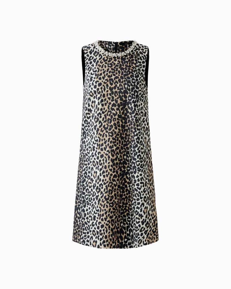 Oui A-line dress in dark camel and black with decorative neckline and smooth scuba fabric