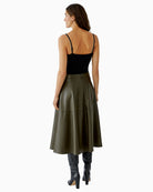 Back view of midi skirt with seam-fine zip and waistband detail