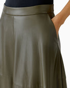 Close-up of decorative stitching and leather-look texture on skirt