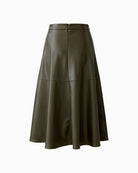 Flat lay back view of  A-line midi skirt by Oui with soft brushed faux leather finish