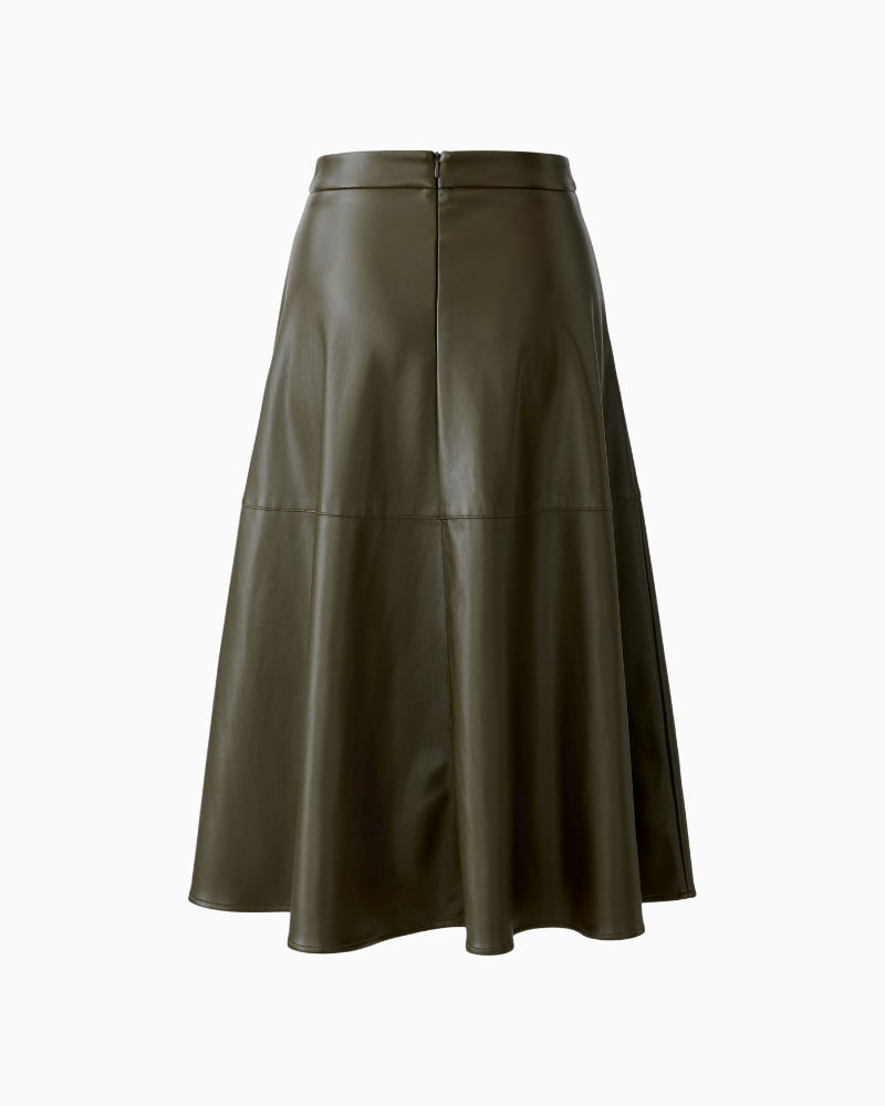 Flat lay back view of  A-line midi skirt by Oui with soft brushed faux leather finish