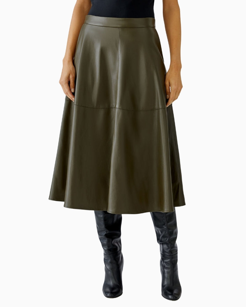 Khaki A-line midi skirt by Oui with soft brushed faux leather finish