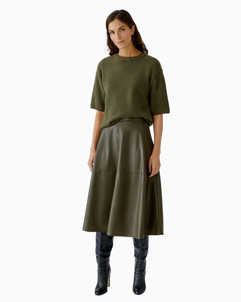 Oui Khaki midi skirt styled with knit Top and ankle boots