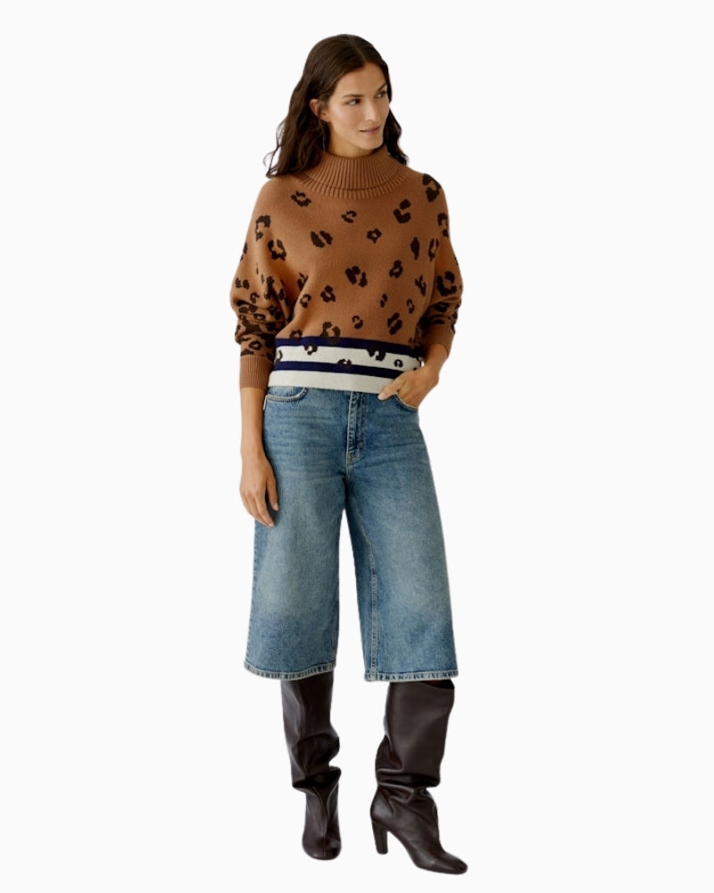 Oui camel and blue jacquard pullover styled with high-waisted jeans