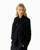 Oui cropped black jacket with textured fringe detail and shimmer yarn