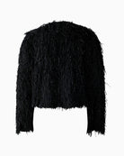 Back of cropped Oui jacket with subtle textured surface and tonal lining