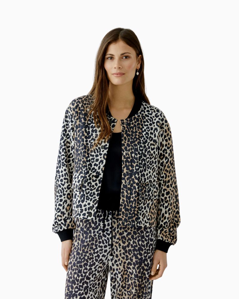 Oui blouson jacket in dark camel and black with patch pockets and press stud front