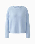 Front view of Oui blue jumper with clean neckline and cosy texture