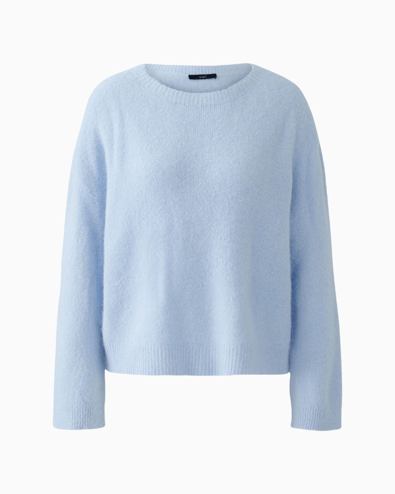 Front view of Oui blue jumper with clean neckline and cosy texture