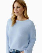 Close-up of blue brushed knit fabric with alpaca texture