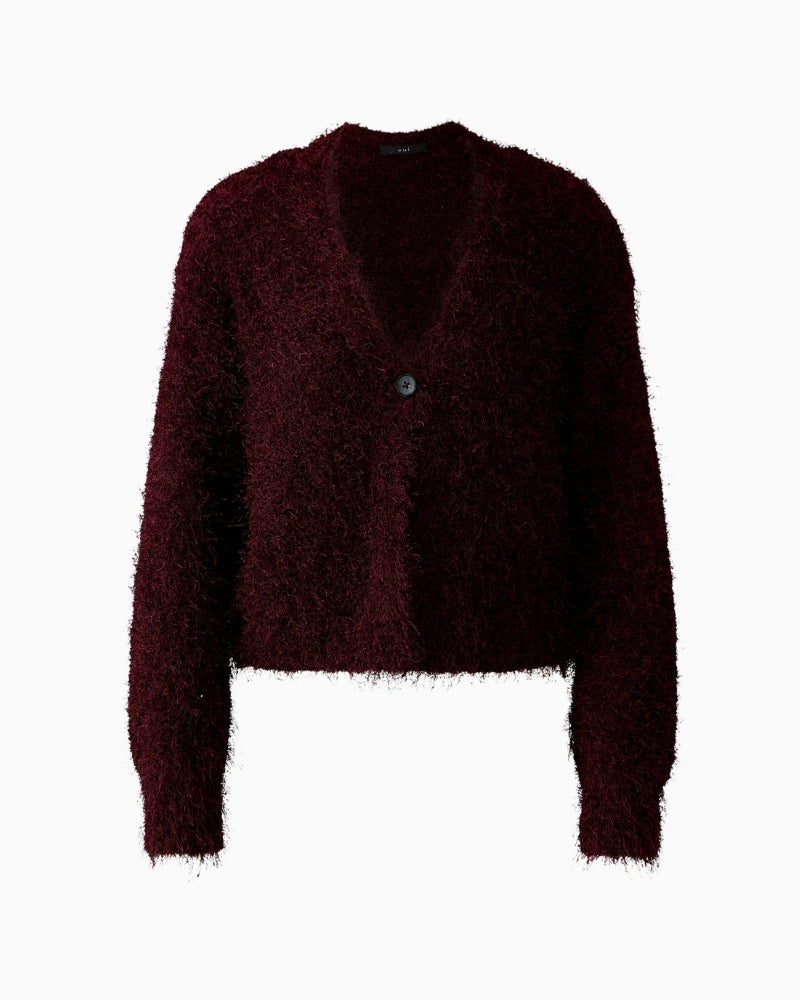Oui cropped knit jacket in bramble berry with deep V-neck and single button closure