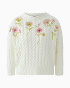 Oui cream cable knit pullover with floral embroidery, front view – Áines Boutique