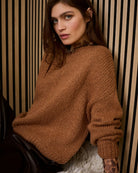 Long sleeve mohair blend pullover in warm camel with ribbed hem