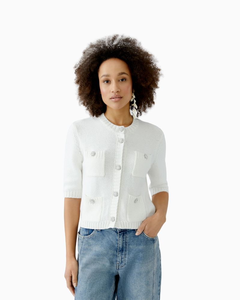 Oui white cropped cardigan with round neck and patch pockets