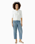 Front of Oui cotton blend cardigan with press studs and inside-out knit texture
