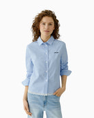 Oui checked shirt blouse blue and white front view – Áines Boutique