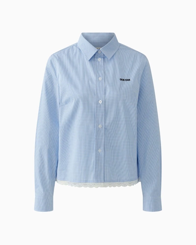 Oui checked shirt blouse blue and white front on white background – Áines Boutique
