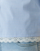 Close-up of Oui checked shirt blouse lace hem detail – Áines Boutique