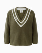 Oui khaki green college style V-neck pullover, front view – Áines Boutique