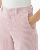 Close-up of zip and button detail on Oui fine cord pants