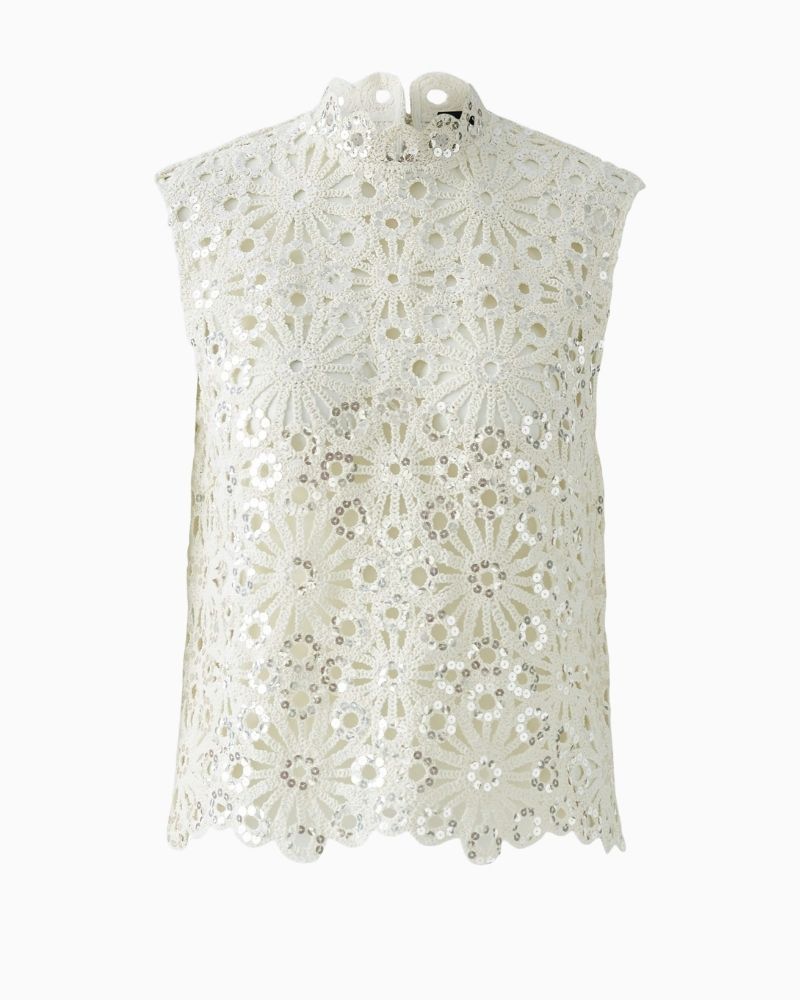 Oui Biscuit crochet look blouse with short stand-up collar and scalloped hem
