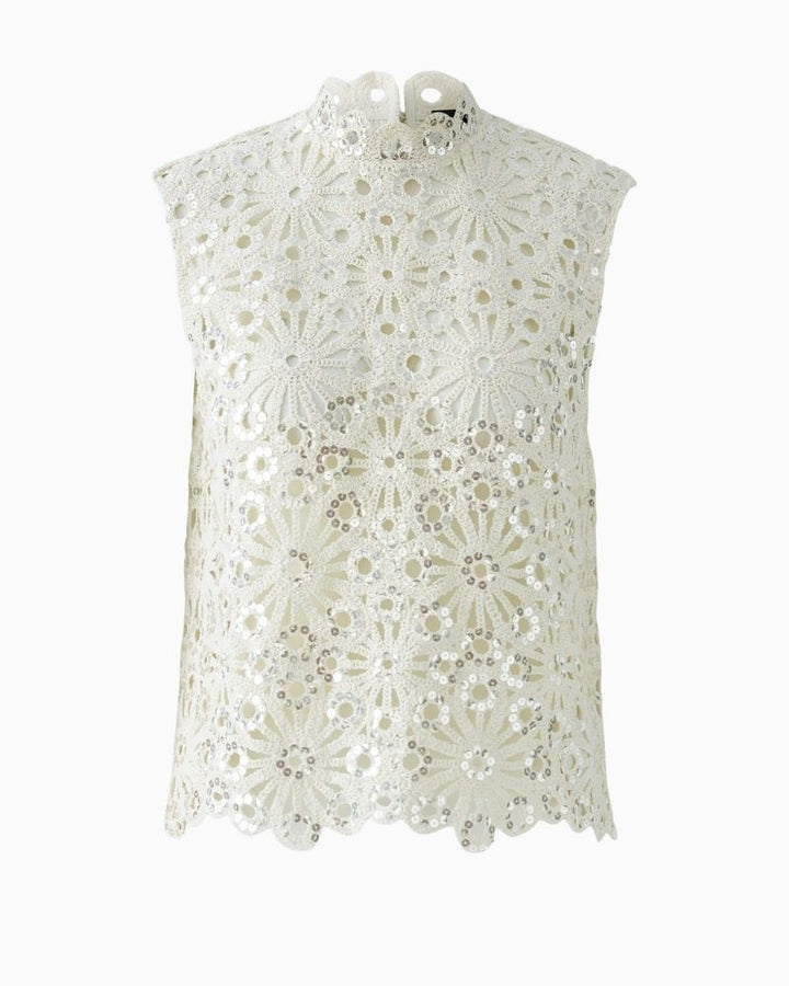 Oui Biscuit crochet look blouse with short stand-up collar and scalloped hem