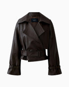 Front view of short trench coat showing belted waist and structured fit