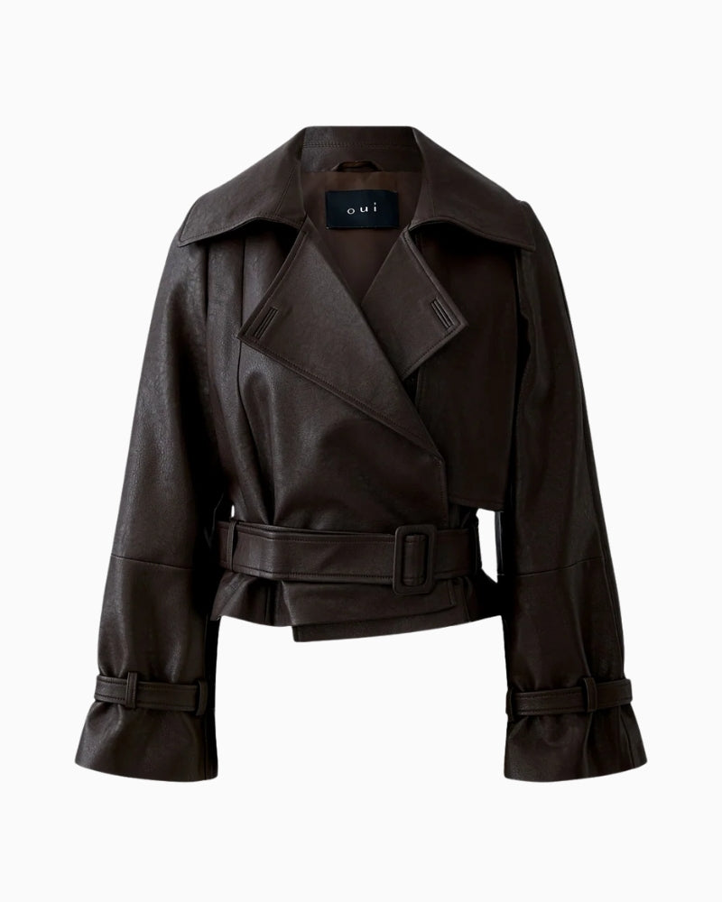 Front view of short trench coat showing belted waist and structured fit