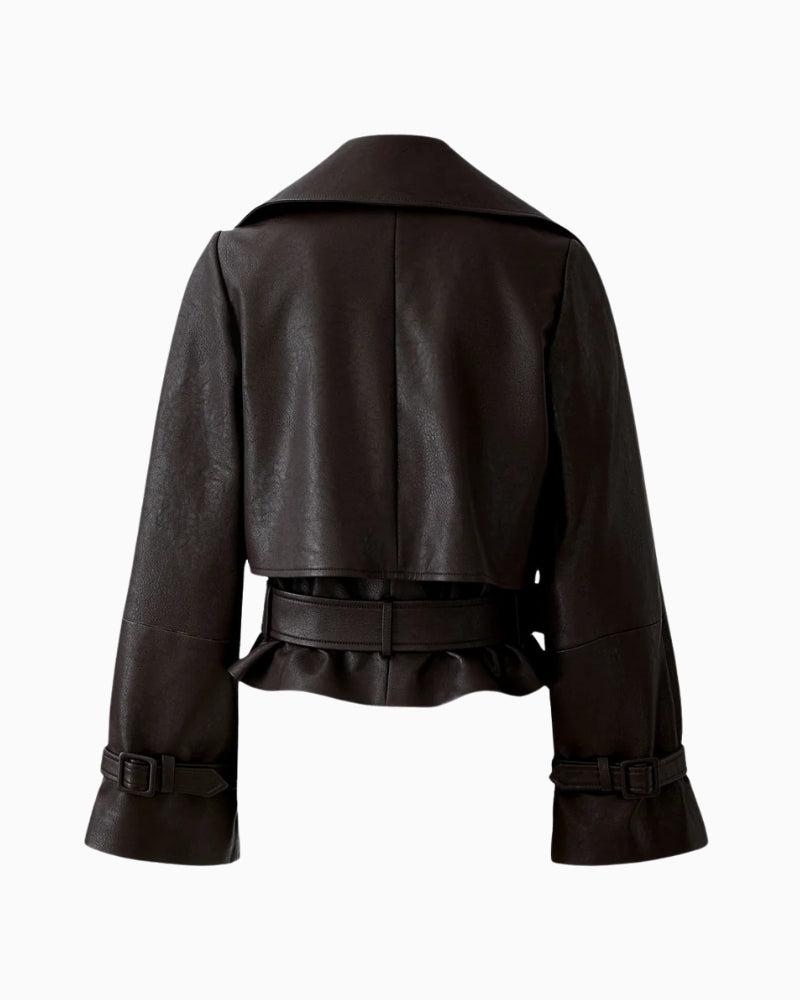 Back view of Oui trench highlighting cropped cut and cinched waist