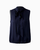 Front view of Oui dark blue blouse in ECOVERO viscose with ruffle neckline and elastic hem