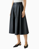 Front view of Oui black A-line faux leather skirt