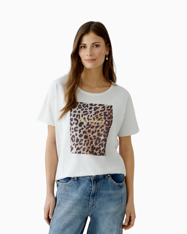 Oui oversized white t-shirt with front motif and rolled crew neckline