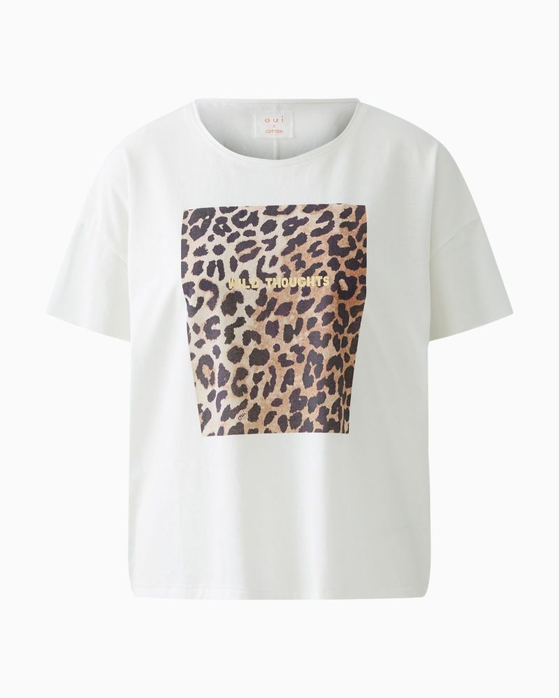 Oui oversized white t-shirt with front motif and rolled crew neckline