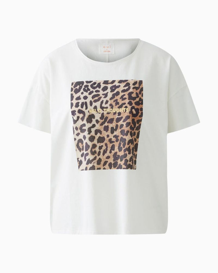 Oui oversized white t-shirt with front motif and rolled crew neckline