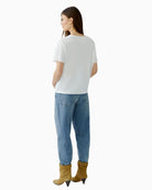 Back of oversized motif t-shirt with clean hemline and relaxed shape