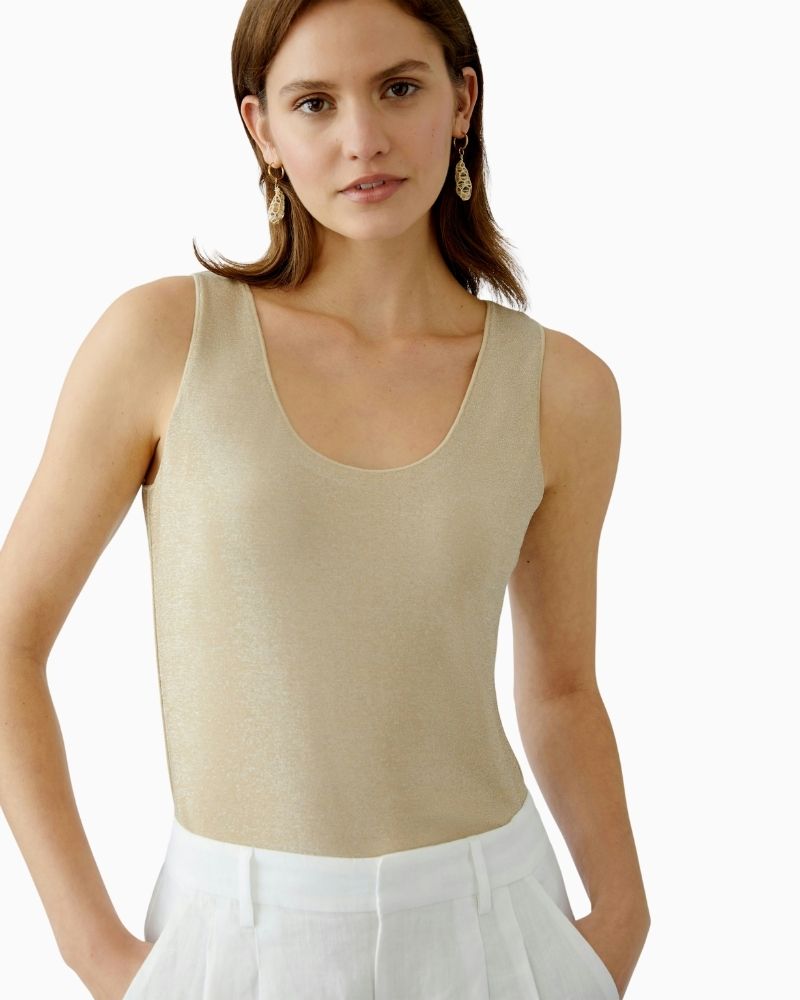 Close-up of neckline and fine chain stitch finish on Oui shimmer vest