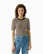 Oui half sleeve pullover brown white front view woman wearing – Áines Boutique