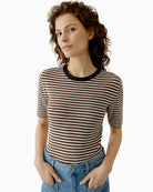 Oui half sleeve pullover brown white side view sleeve detail – Áines Boutique