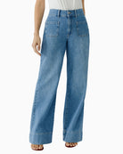 Oui high waist wide-leg blue denim jeans, front view – Áines Boutique