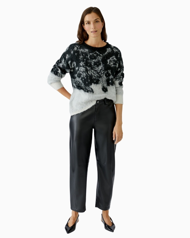 Oui black leather-look trousers styled casually with a cosy knit