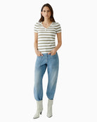 Woman wearing Oui white and green stripe T-shirt – Áines Boutique