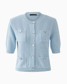 Oui light blue knit jacket with decorative buttons, front view – Áines Boutique