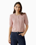 Oui soft pink knit jacket with decorative buttons, front view – Áines Boutique