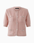 Oui soft pink knit jacket with decorative buttons, front view – Áines Boutique