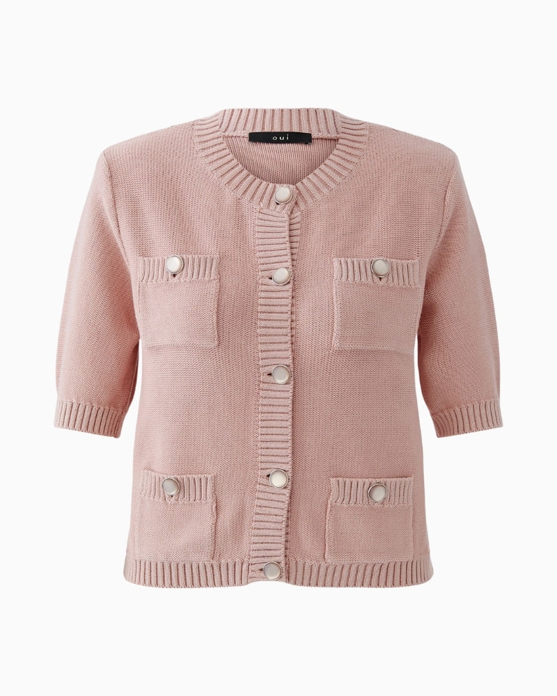 Oui soft pink knit jacket with decorative buttons, front view – Áines Boutique