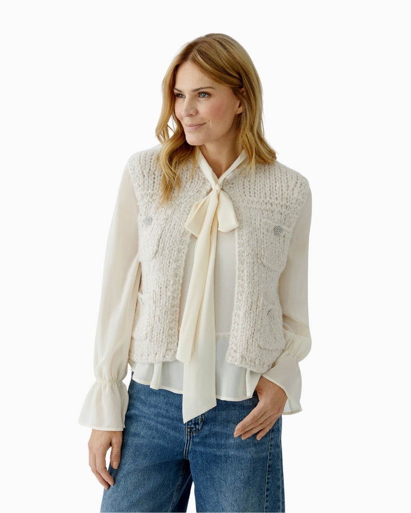 Beige knit vest by Oui with V-neck and rhinestone buttons