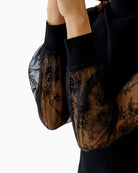 Close-up of sheer lace sleeve with ribbed cuff detail